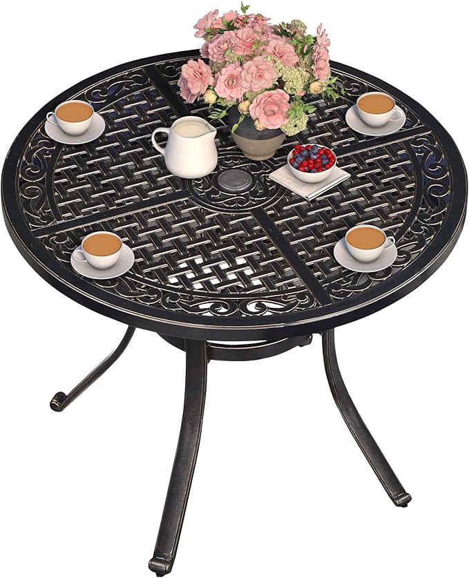 PURPLE LEAF 37" Outdoor Cast Aluminum Round Dining Table with Umbrella Hole Patio Furniture for Backyard Lawn Balcony Deck, Patio Dining Table, Lattice