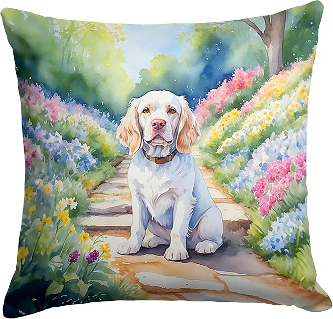 Caroline's Treasures Clumber Spaniel Spring Path Throw Pillow Machine Washable, Indoor Outdoor Decorative Pillow for Couch, Bed or Patio, 14Hx14W