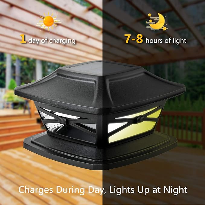 Davinci Lighting Flexfit Solar Outdoor Post Cap Lights - Includes Bases for 4x4 5x5 6x6 Wooden Posts - Bright LED Light - Slate Black (8 Pack) | Slate Black, Wooden Posts, fence/deck/garden/patio, UV fade-protected plastic, auto-on, 7-8h, cordless, IP4...