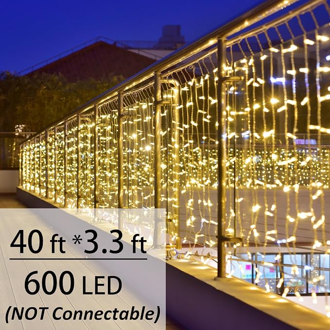 Solhice LED Curtain Lights Outside 40ft x 3ft for Backyard, 600 LED Plug in Hanging Fence String Lights Outdoor Waterproof for Backdrop Backyard Patio Deck Décor (Not Connectable)