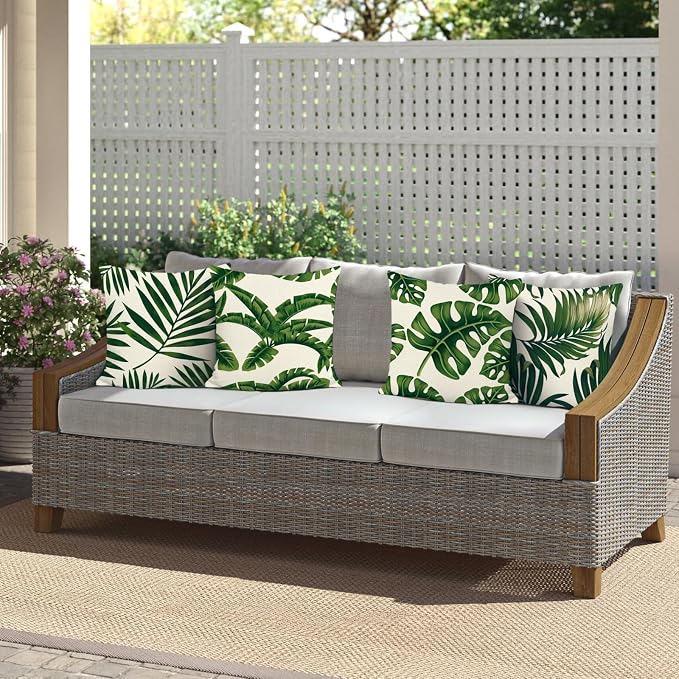 Bonhause Tropical Leaves Throw Pillow Covers 20x20 Set of 4 Green Palm Leaf Decorative Pillow Cases Polyester Linen Outdoor Cushion Covers for Sofa Couch Garden Home Decor