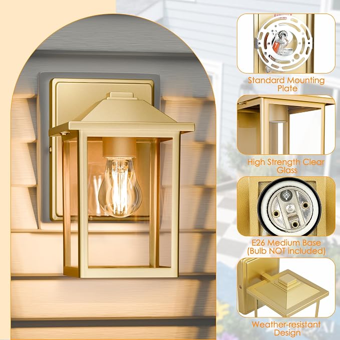 MATAMEYE Outdoor Wall Light Fixture, Exterior Waterproof Porch Lighting | Gold Patio Wall Lantern, Anti-Rust, Clear Glass, E26 Socket, Wall Mount Sconce Lighting, Outside Front Door Light Entryway