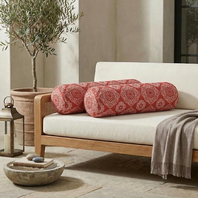 RSH DECOR: Outdura Neck Roll Pillows Set of 2 | 24” x 8” | Outdoor Bolster for Patio, Deck, Porch, or Poolside Chairs | Fade & Water-Resistant | Made in USA (Ayorline Flamin)