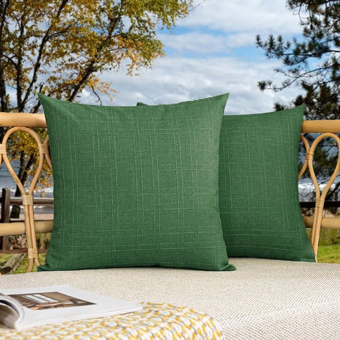 Kevin Textile Outdoor Waterproof 16”x16” Pillow Covers 2 Pack, Dark Green | Water Resistant, Soft Faux Linen-cotton Yarn-dyed Woven Texture Throw Pillow Covers for Tent Patio Garden Couch Sofa
