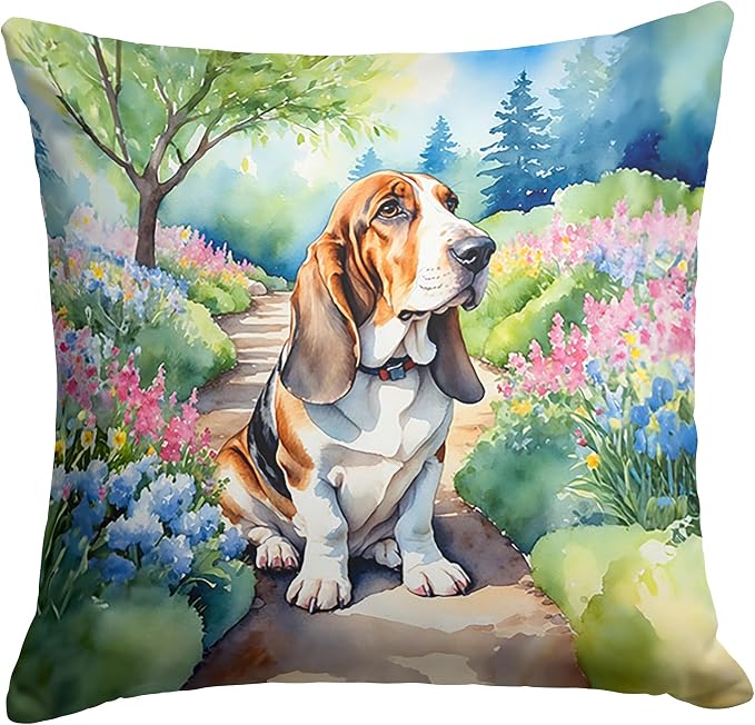 Caroline's Treasures Basset Hound Spring Garden Throw Pillow Machine Washable, Indoor Outdoor Decorative Pillow for Couch, Bed or Patio, 14Hx14W