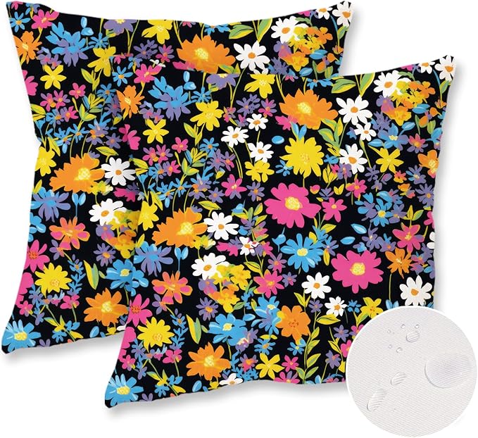 ONWAY Outdoor Floral Pillow Covers 18X18 inch Set of 2 Waterproof Yellow and Pink Flowers Black Decorative Throw Pillowcases for Patio Furniture Garden Spring Summer Cushion Cover