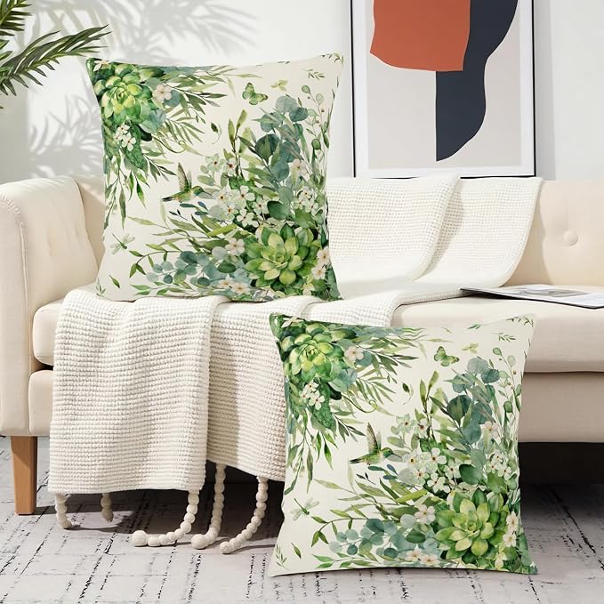 Eucalyptus Throw Pillow Covers 20x20 Watercolor Leaf Pillow Cases Greenery Sage Leaf White Floral Pillow Covers Spring Hummingbird Green Cushion Case for Bedroom Living Room 2Pcs