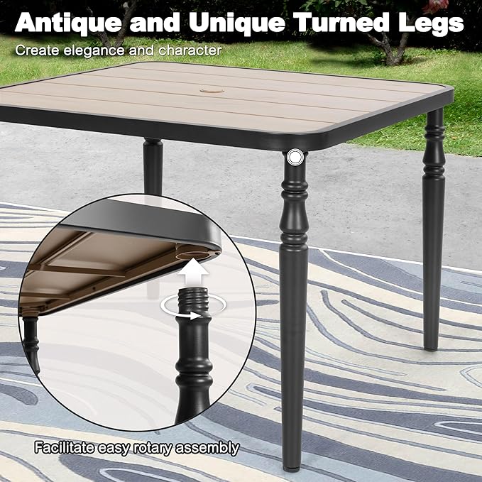 NUU GARDEN Outdoor 37” Square Metal Dining Table, Patio Dining Table with Umbrella Hole, Powder-Coated Metal Table with Faux Wood Tabletop, for Patio, Garden, Backyard and Balcony, Black