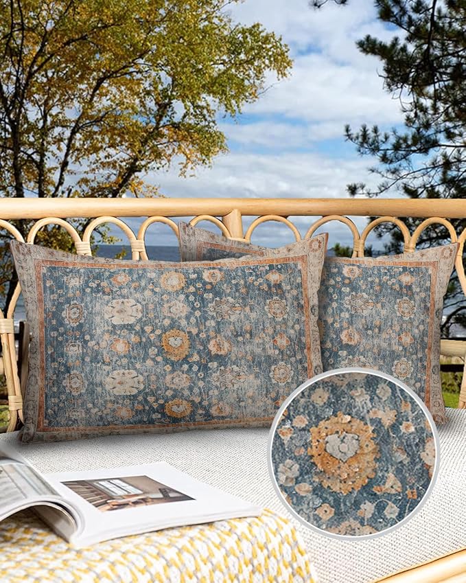 Outdoor Waterproof Pillow Covers Set of 2, Meddle Century Vintage Flowers Mural Pattern Patio Throw Pillow Covers, Decorative Cushion Case for Couch Sofa Furniture Garden, 20x12 Inch