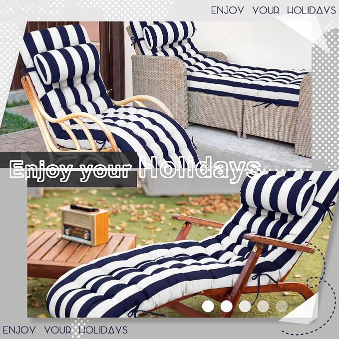 Tudomro Outdoor Chaise Lounge Cushion 66x21x4'' Waterproof & Fade-Resistant Patio Pool Chaise Lounge Cushion Headrest Pillow Tie Replacement Rocking High Back Chair(Navy Blue, White Stripe,1 Pcs)