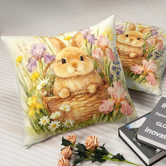 Easter Throw Pillow Covers Watercolor Lovely Bunny Pillow Covers 18x18 Spring Rabbit with Iris Daisy Floral Pillow Cases Happy Easter Farmhouse Cushion Cases for Home Sofa 2 Pack