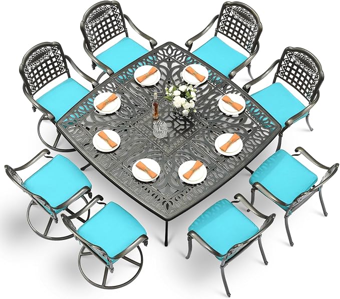 VIVIJASON 9-Piece Outdoor Dining Set, Cast Aluminum Patio Table & Chair Furniture Set for 8, Include 64" Square Dining Table, 4 Swivel Rocker Chairs, 4 Stationary Chairs, Umbrella Hole, Ocean Blue