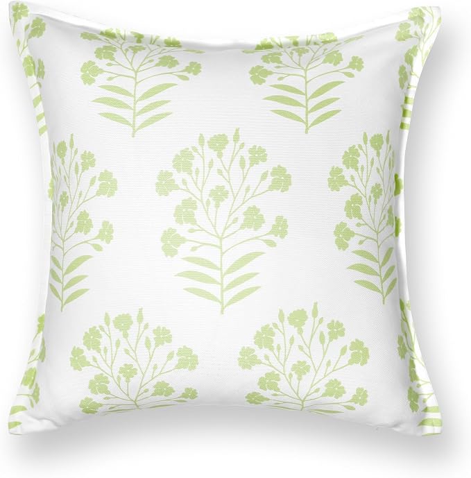 Hofdeco Premium Coastal Patio Indoor Outdoor Throw Pillow Cover Only, 20"x20" Water Repellent for Backyard, Couch, Green Print Floral