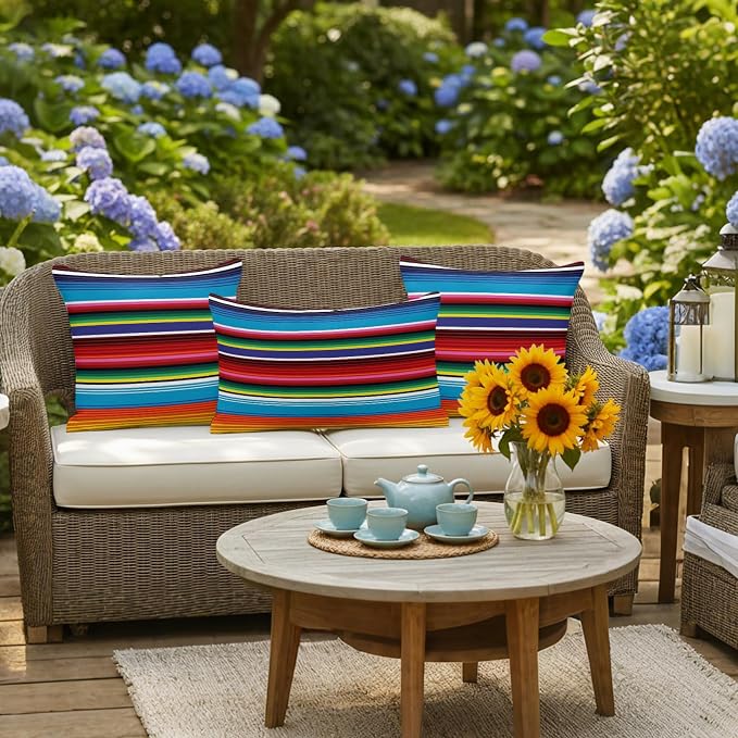 Colorful Striped Outdoor Pillow Covers 20x12 Inch Lumbar Pillow Covers Set of 2 Waterproof Decorative Throw Pillow Cases Boho Rainbow Stripes Abstract Lines Cushion Covers for Patio Furniture Garden