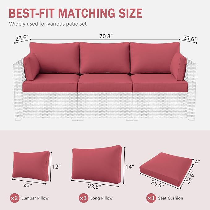 Outdoor Furniture Replacement Cushions, Waterproof Patio Furniture Cushions, 4" Deep Seat Outdoor Sectional Cushion for 3-Seat Outdoors Rattan Sofa Patio Sofa Cushion, Fuchsiared