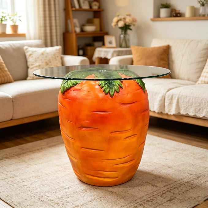 16" Carrot-Shaped Resin Side Table w/ Glass Top,Novelty Fruit Stool,Orange | Round End Table for Living Room Bedroom Patio, Weather-Resistant & Easy Clean, Fun Home Decor Accent