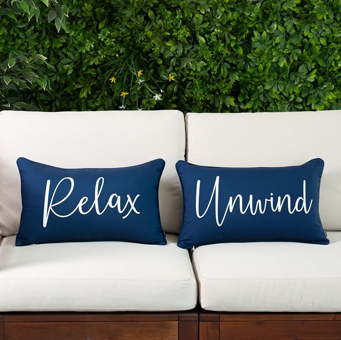 Hofdeco Porch Patio Indoor Outdoor Lumbar Pillow Cover ONLY for Backyard, Couch, Sofa, Navy Blue Relax Unwind, 12x20, Set 03-0411-D 0