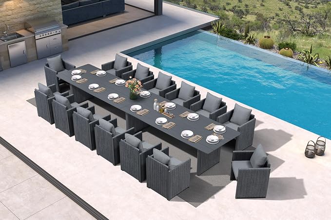 PURPLE LEAF Luxury 14-Person Outdoor Dining Set 189-Inch Aluminum Patio Table with Handwoven Olefin Rope Chairs, Cushioned Seating for Large Gatherings, Estate Patio and Poolside Entertaining Grey