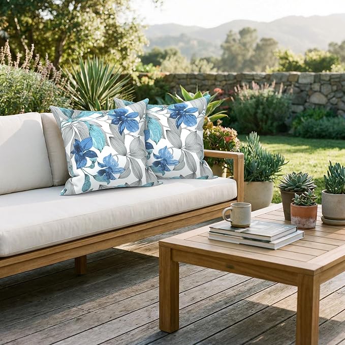 20x20 Inch Pack of 2 Patio Throw Pillow Covers ONLY, Water Repellent Cushion Cases, Square Pillowcases for Outdoor Couch Decoration, Clemens Noir Blue