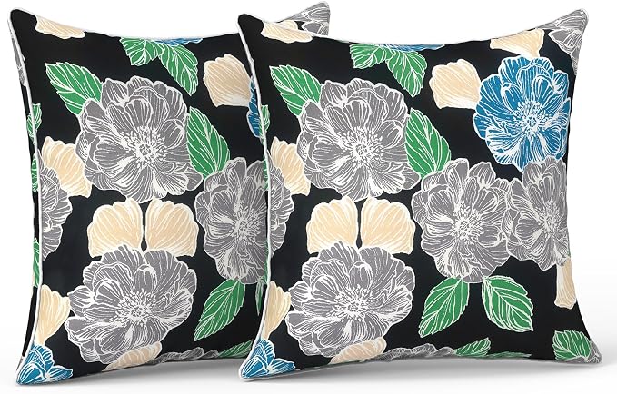 LVTXIII Outdoor Pillow Covers 18x18 Patio Waterproof Throw Pillow Cases Fade Resistant Accent Pillow Covers for Spring Summer Garden Decoration, Set of 2, Peony Garden