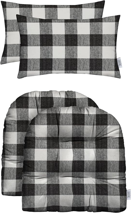 RSH DECOR: Tufted U-Shapes & Lumbars 2 of Each | 22" x 22” & 20" x 12" | Water-Resistant Spun Fabric | Outdoor Wicker Cushions & Support Pillows for Patio Furniture | Black Buffalo Plaid