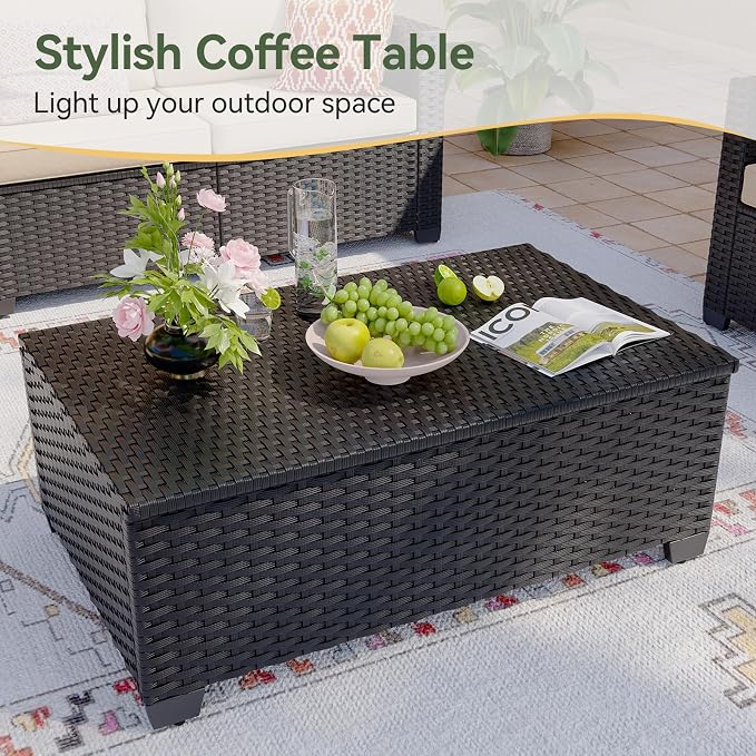 Aoxun Patio Coffee Table with Storage, All Weather Wicker Side Table with Waterproof Cover, Outdoor Storage Coffee Table for Toys and Cushions Black