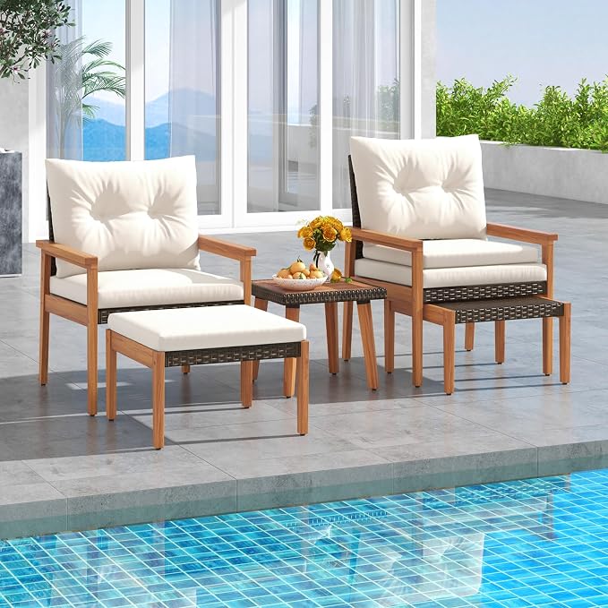 HAPPYGRILL 5 Pieces PE Rattan Patio Conversation Set, Wicker Chairs with Square Coffee Table, Ottomans & Soft Cushions, Outdoor Furniture Set with Solid Acacia Wood Frame for Porch, Balcony & Poolside