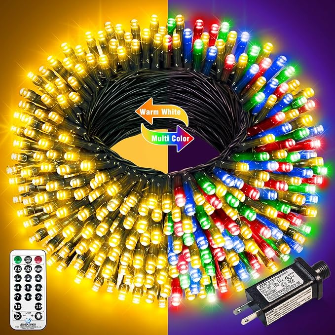 100FT 300 LED Color Changing Christmas Lights, Warm White & Multicolor | Christmas Tree Lights with Remote, Waterproof String Light for Outside Indoor Patio Yard Party Garden Holiday Decorations