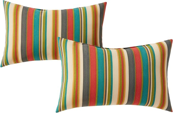Set of 2 Outdoor Throw Pillows 19 x 12 Inch – Reversible Rectangle Patio Accent Pillows – Weather-Resistant Polyester Fabric – Eco-Friendly Recycled Polyfiber Fill – Sunset Stripe - Updated
