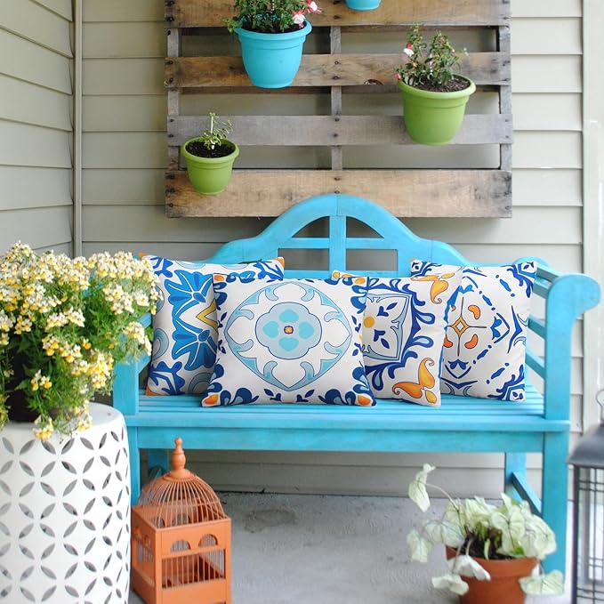 JASEN Outdoor Waterproof Pillow Covers, Blue Floral Outdoor Throw Pillow Cover Set of 4, Boho Double-Sided Decorative Outside Throw Pillows for Patio Furniture Porch Garden Couch