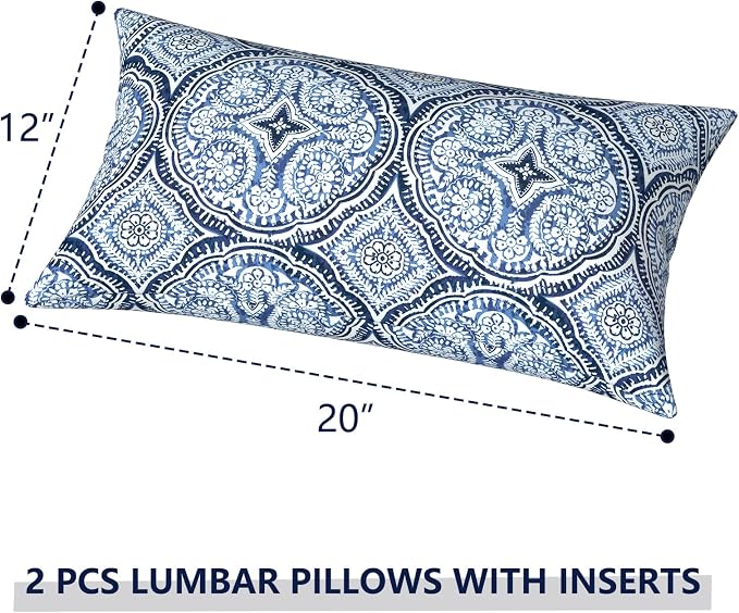 Outdoor Lumbar Pillows 12x20 inch, Rectangle Throw Pillows with Inserts, Decorative Lumbar Cushions for Patio Furniture Garden Couch Home Sofa Office Chair, Pack of 2,Medallion Blue