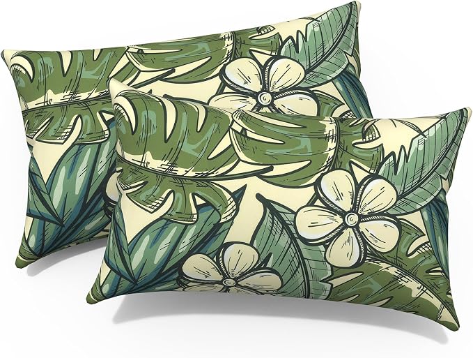 Outdoor Lumbar Pillows 12x20 Inch, Water Repellent Cushion Pillows, Outdoor Pillows with Inserts for Home Garden Pack of 2, Tropical Paradise