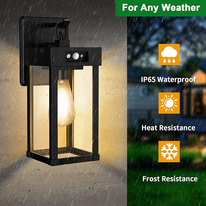 Auzev Outdoor Solar Wall Lights Fixtures Exterior Solar Wall Lantern | Wall Mount Motion Sensor 3 Lighting Modes Modern Sconce Waterproof Outside Lamp for House Garage (Black-1P)
