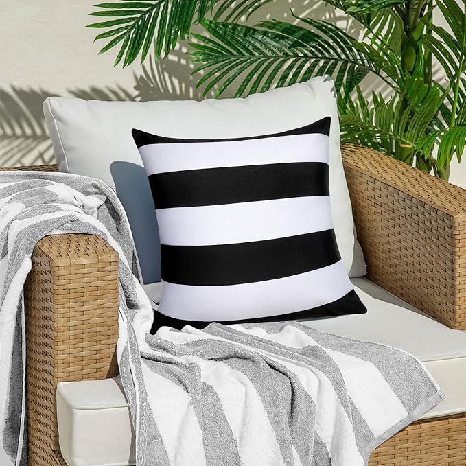 18x18 Waterproof Outdoor Pillows, Set of 2 Outdoor Throw Pillows | Patio Furniture Pillows, Fluffy Decorative Pillows, Waterproof &Fade Resistant, Removable & Washable, Black and White