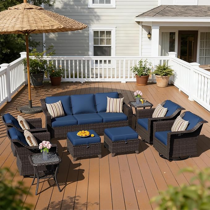 9 Pieces Patio Conversation Furniture Set - 1 Sofa, 2 Ottomans, 4 Swivel Chairs, 2 Side Tables, Outdoor Wicker Furniture with Removable Cushions for Porch, Balcony, Sunroom (Blue)