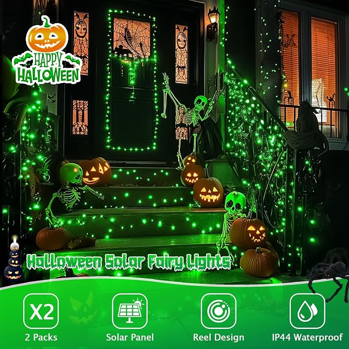 JMEXSUSS 4 Pack Solar Fairy Lights, 100 LED 33FT Green Halloween Lights | Outdoor Waterproof, 8 Modes Copper Wire Solar String Lights for Patio Garden Yard Tree Christmas Halloween Decorations
