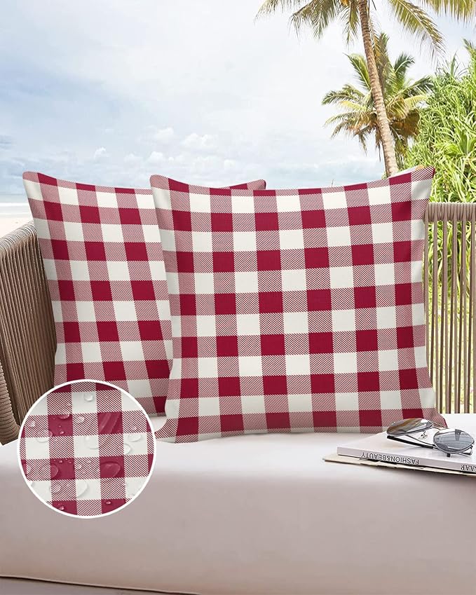 Outdoor Waterproof Throw Pillow Covers Set of 2 Wine Red Buffalo Check Plaid Pillowcases 24x24 Inches Farmhouse Style Patio Decorative Pillows Cushion Case Patio Pillows for Couch Bed Chair Garden
