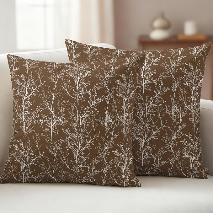 Brown Branches Waterproof Outdoor Pillow Covers Set of 2 Home Decor, Abstract Art Leaves Plant Lumbar Pillowcase Patio Pillow Covers for Couch Bench Patio Furniture Garden 20x20in