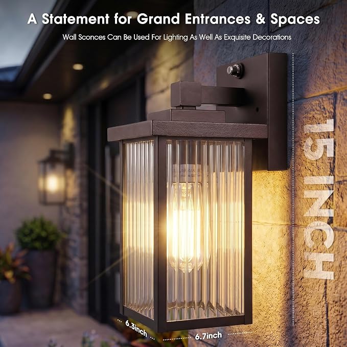 2-Pack 15-Inch Dusk to Dawn Outdoor Light, Oil-Rubbed Bronze Metal | Auto On at Dusk, Off at Dawn. Textured Glass Softens Glare. Waterproof Rust-Resistant Metal. Pre-Assembled DIY Install