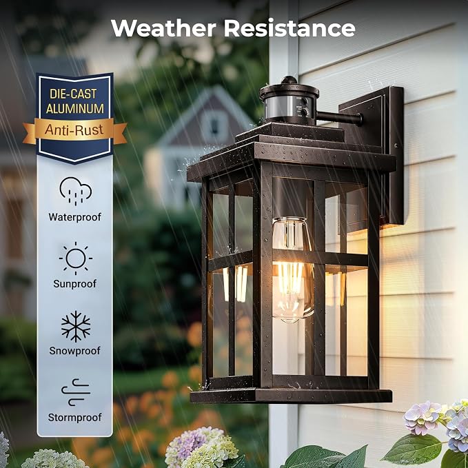 Large Motion Sensor Exterior Light Fixture, Bronze Dusk to Dawn Outdoor Wall Lights, Waterproof Exterior Lights for House, Porch, Doorway, Garage, 100% Aluminum