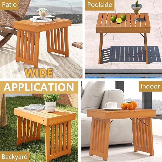 RELAX4LIFE Folding Outdoor Side Table - Acacia Wood Portable Patio End Table w/Slatted Tabletop, Outside Wooden Coffee Table for Backyard Balcony Porch Poolside Garden, Foldable Small Patio Table (2)