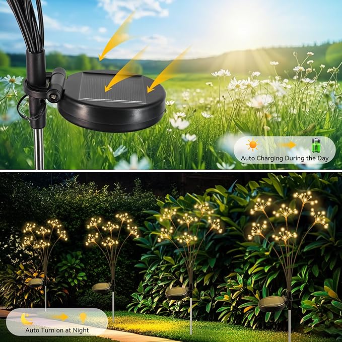 Solar Garden Lights 4 Pack Waterproof Solar Swaying Starburst Light Outdoor Lights for Yard Patio Walkway Pathway Party Wedding Christmas Decoration, Warm White