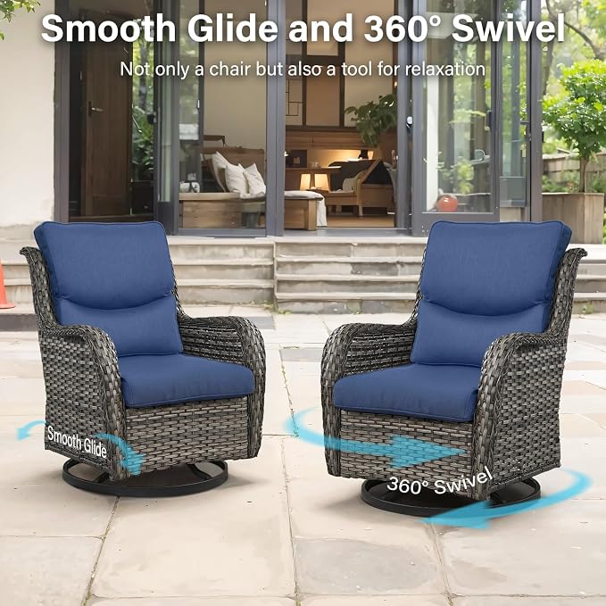 Outdoor Swivel Rocker Patio Chairs with 2 Ottomans - 5" Thick Cushion 4 Piece Furniture Set All Weather Comfortable Wicker Conversation Set for Porch Poolside and Deck - Gray/Blue