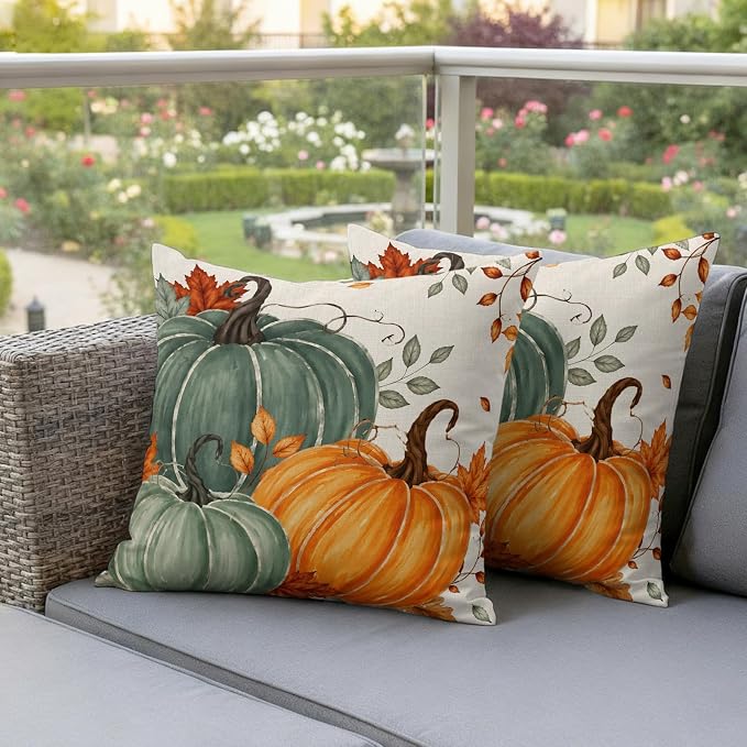 Green Orange Fall Waterproof Outdoor Pillow Covers 16''x16'' Set of 2, Maple Leaves Thanksgiving Patio Furniture Cushion Covers for Chairs,Decorative Farmhouse Beige Pillow Cases for Garden/Pool/Beach