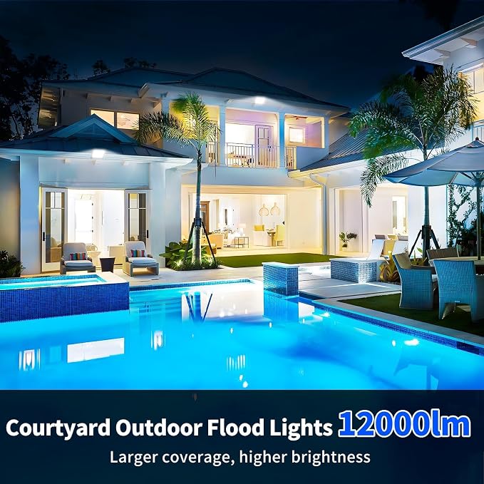 2 Pack 100W LED Flood Light, IP66 Waterproof | 12000LM, 5000K Daylight White, Plug in with 5ft Cord, Outdoor Exterior Lighting, for Yard, Garage, Patio, Backyard