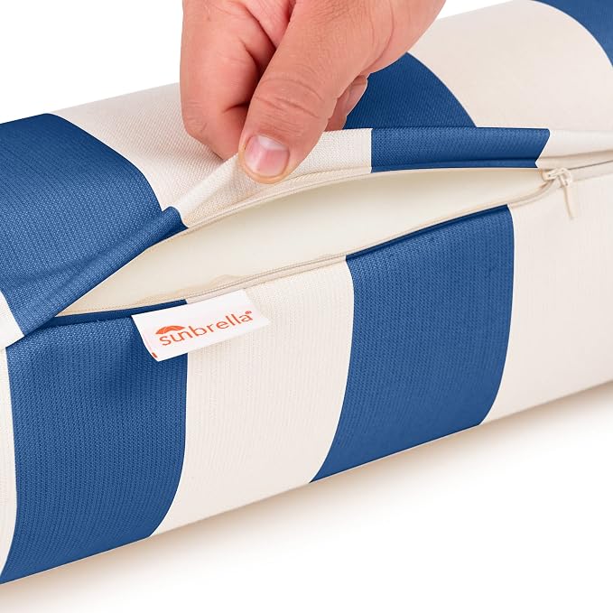 Sunbrella Cabana Stripe White/Blue Zippered Neck Roll Bolster (Set of 2)