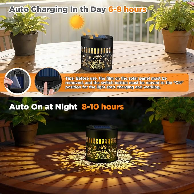 4 Pack Solar Fence Lights Outdoor, Metal Solar Powered Wall Deck Step Light | Sunflower Theme, Hanging LED Waterproof Decorative Lighting for Garden Patio Backyard Post Decor, Warm White