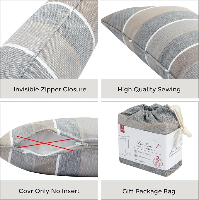 FUNHOME Waterproof Outdoor Lumbar Pillow Covers Set of 2,Home Decor for Garden Patio Furniture,Couch,Sofa 12"x20" Inch Decorative Pillows Cover Only,NO Insert(Gray Stripe)