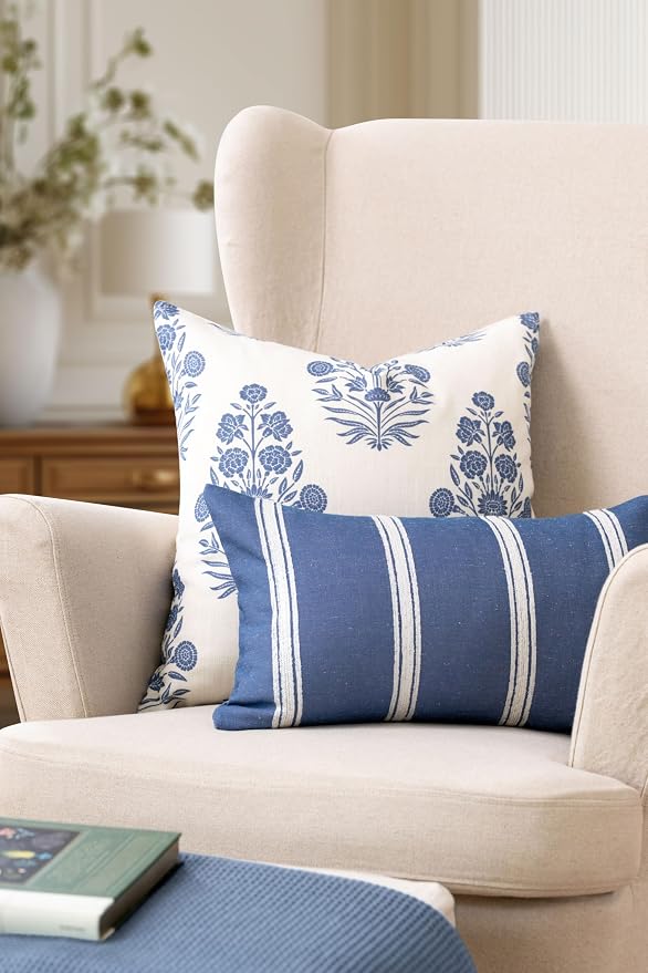 California Casual Coastal Indoor Outdoor Lumbar Pillow Cover, 12"x20" Water Repellent for Patio, Backyard, Couch, Poolside, Azure Blue White Embroidered Stripes