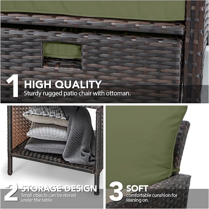 LEVELEVE Balcony Furniture 5 Piece Patio Conversation Set, PE Wicker Rattan Outdoor Lounge Chairs with Soft Cushions 2 Ottoman&Glass Table for Porch, Lawn-Brown Wicker（Army Green
